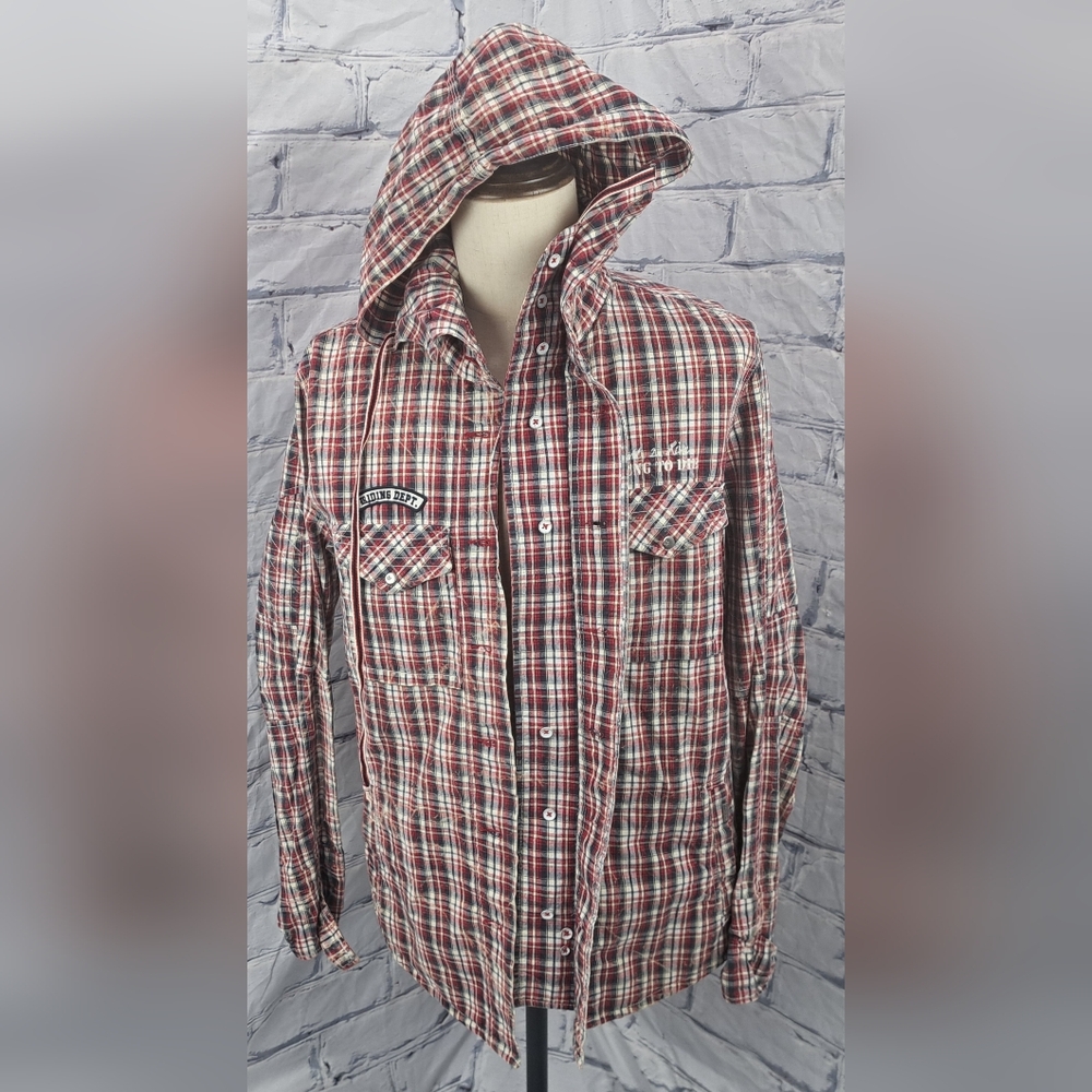 Rock Revival Men's Shirt Jacket Hoodie Button Front Check HQ Cotton Size Large